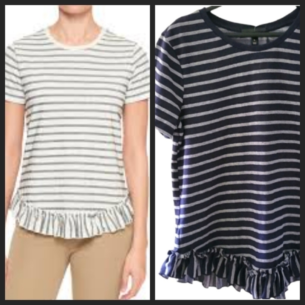 NEW! BANANA REPUBLIC OR ANN TAYLOR FACTORY Navy Striped Ruffle Shirt Small.